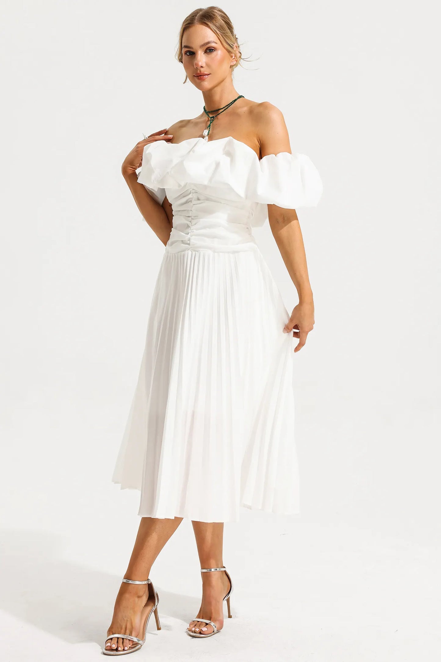 Off-shoulder Puff Sleeve Pleated Midi Dress White