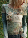 Boho Lace Floral Patchwork Art Women's Slim Long Sleeve Top elevenforest