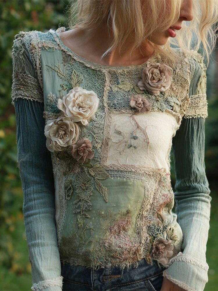 Boho Lace Floral Patchwork Art Women's Slim Long Sleeve Top elevenforest