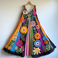 Women's Color Block Rainbow Floral Comfort Contrast Color Dress elevenforest