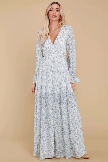 Puff Sleeve V-neck Ruffle Hem Maxi Dress