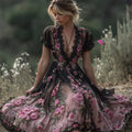 Pink Roses Embroidered Black Lace Gradient Flowy Dress elevenforest