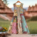 Women's Vintage Floral Applique Art Sleeveless Dress elevenforest