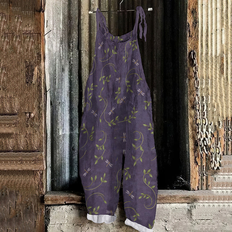 Women's Bohemian Style Dragonfly Linen Print Cotton Linen Jumpsuit elevenforest