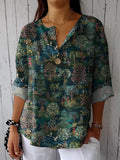 Tranquil Night Garden Repeat Pattern Printed Women's Casual Cotton Linen Shirt