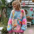 Women's Floral Embroidery Patchwork Art Cozy Knit Sweater