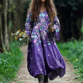 Vintage Boho Purple Floral Art Linen Blend Maxi Dress elevenforest