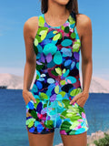 Colorful Leaves Print Halter Ruffle Ruched Jacquard Tankini Short Set