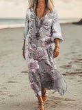Women's Floral Embellished Pattern Art Print Pocket Cotton Dress