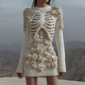 Women's White Rose Skull Crochet Cozy Knit Mini Sweater Dress elevenforest
