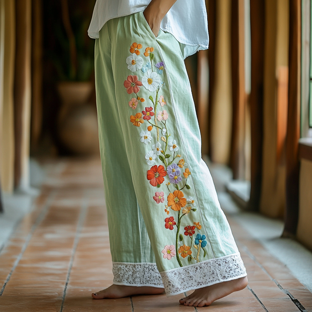 Retro Boho Floral Lace Embroidery Art  Linen Wide Leg Pants elevenforest