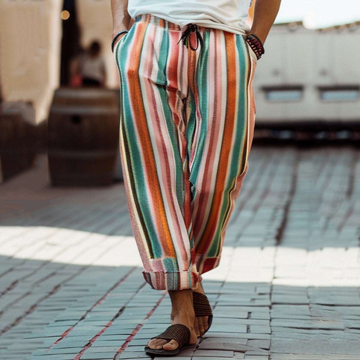 Men'S Casual Vintage Rainbow Stripe Print Pants elevenforest