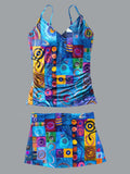 V-Neck Ocean Blue Bohemian Pattern Print Suspender Skirt Tankini Pantskirt Set Swimsuit