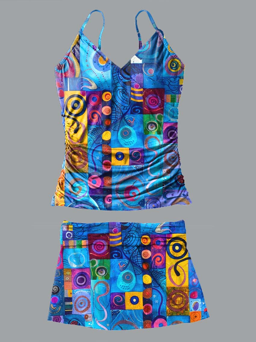 V-Neck Ocean Blue Bohemian Pattern Print Suspender Skirt Tankini Pantskirt Set Swimsuit