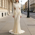 Comstylish Pure Color Long-sleeved High-neck Temperament Slim Crumple Backless Long Dress