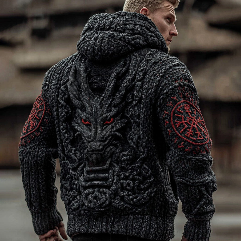 Men's Vegvisir Viking Dragon Runes Colorblock Chunky Zipper Up Hooded Sweater elevenforest