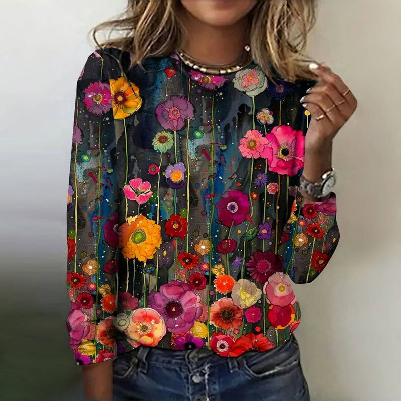 Comstylish Women's Vintage Flowers Art Printed Round Neck Casual T-shirt