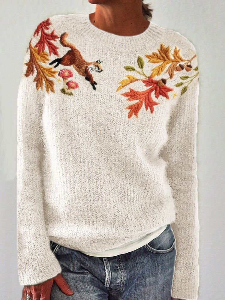 Fall Fox & Leaves Embroidered Cozy Knit Sweater artswardrobe