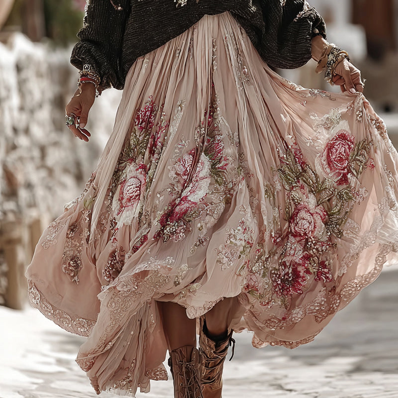 Vintage Rose In White Art Cozy Knit Turtleneck Sweater And Linen Skirt Two-piece Set elevenforest