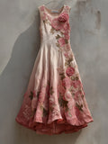 Elegant Pink Rose Embroidered Gradient Linen Maxi Dress elevenforest