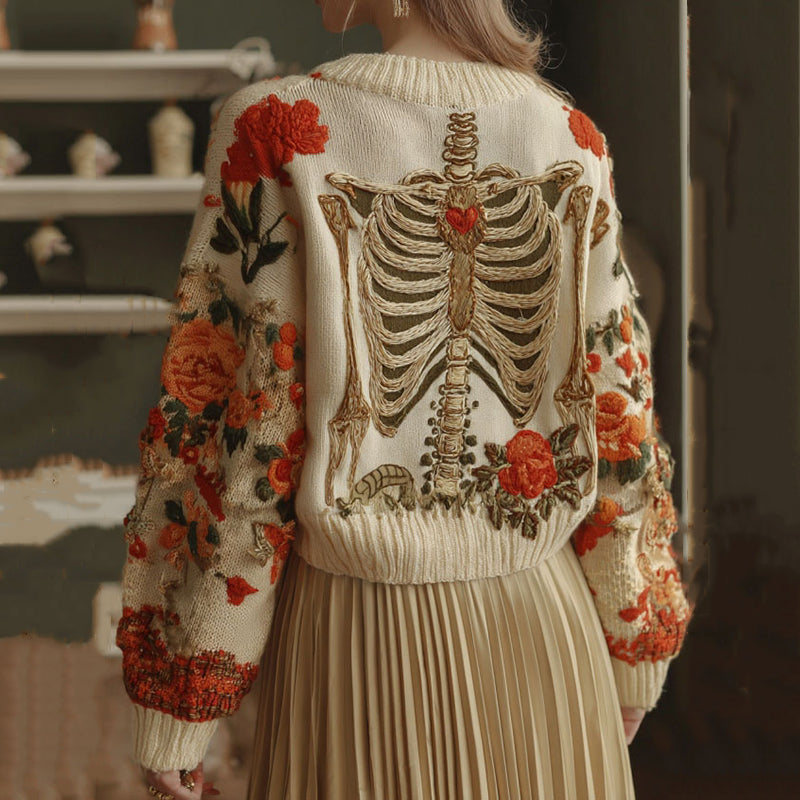 Comstylish Women's Skeleton & Floral Embroidery Art Crew Neck Cozy Sweater