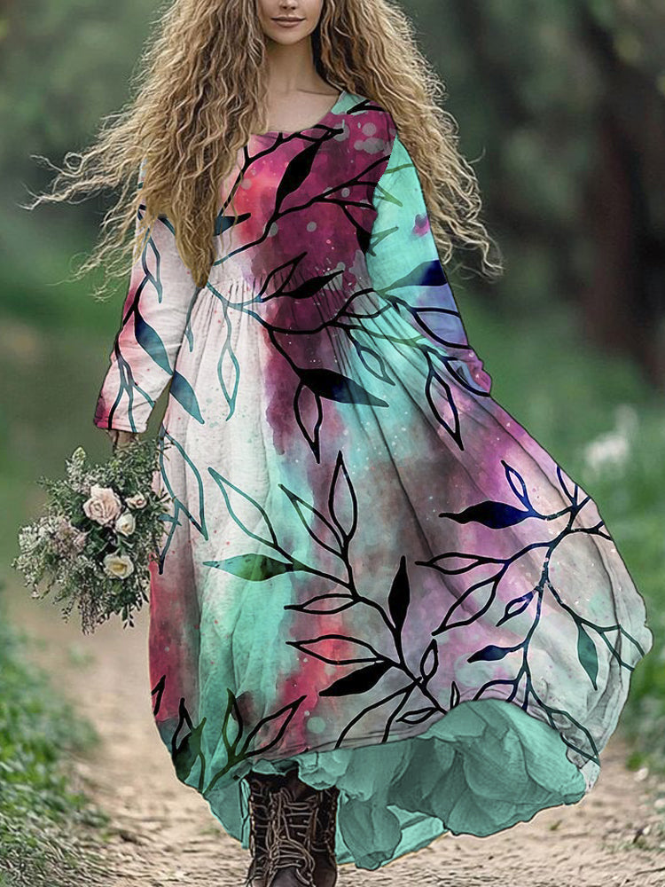 Gradient Leaves Pattern Women's Maxi Dress Flowing elevenforest