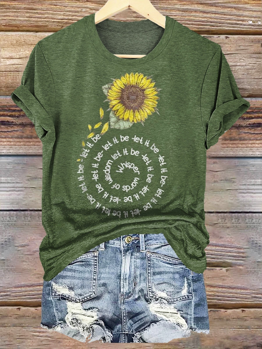 Whisper Word To Wisdom Let It Be Sunflower Hippie Print Crew Neck T-sh