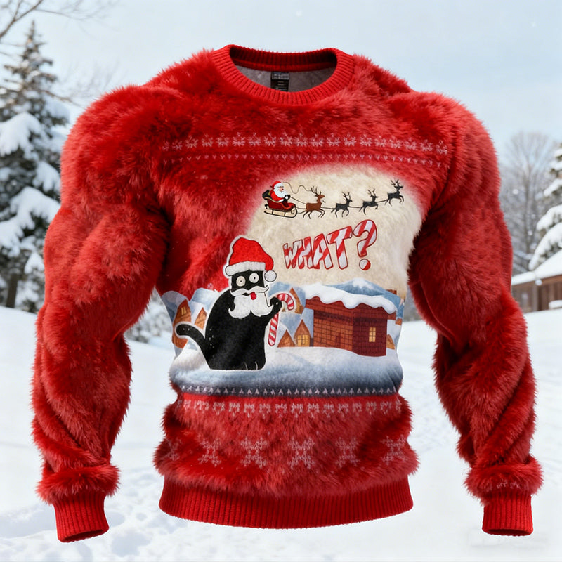 Comstylish Funny Cat Themed Santa Claus Plush Ugly Sweater