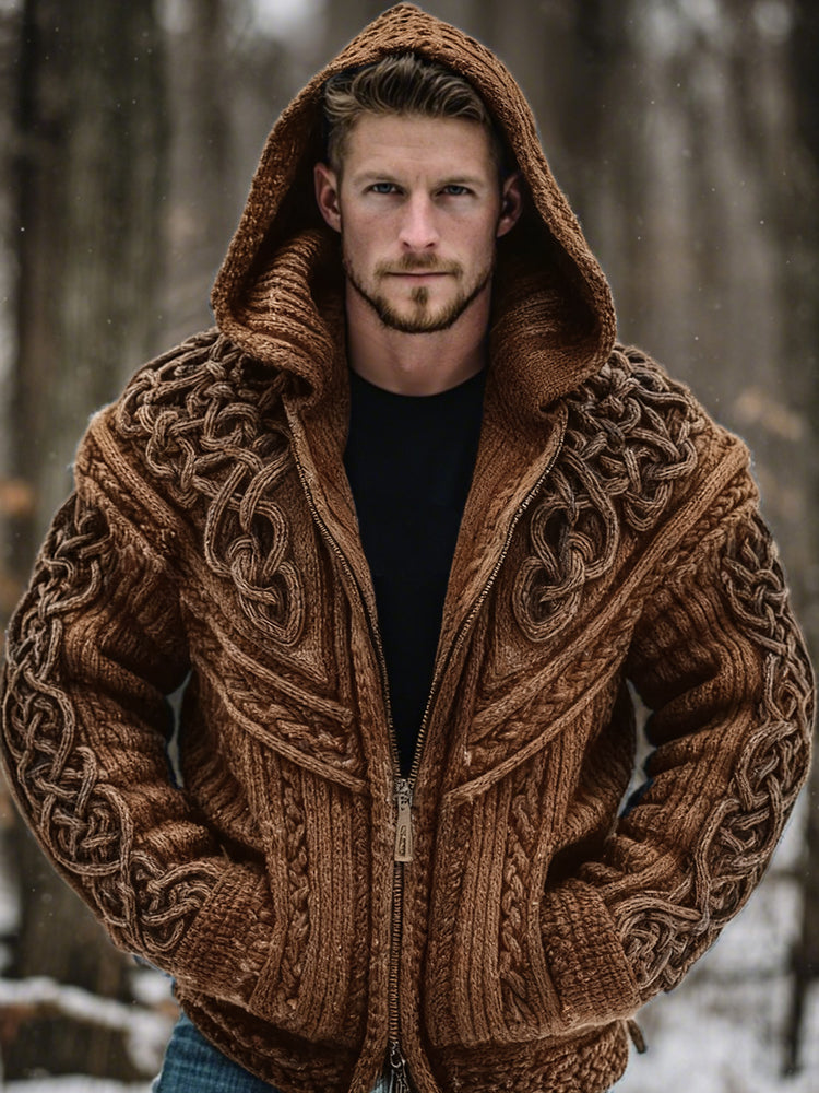 Men's Vintage Viking Celtic Knot Art Chunky Knit Hooded Zip-up Sweater artswardrobe