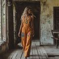 Vintage Floral Embroidered Pattern Art Linen Blend Loose Casual Jumpsuit elevenforest