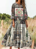 Women's Vintage Floral Patchwork Art Print Flowy Cotton Crew Neck Dres