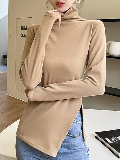 Skinny Long Sleeves Split-side Color High-neck T-shirts Tops