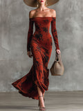 Fashion Retro Orange Velvet Print Long Sleeve Maxi Dress