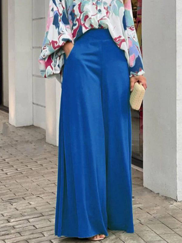 Long Sleeves Printed Blouses + High-waisted Color Wide Leg Pants Trousers Two Pieces Set