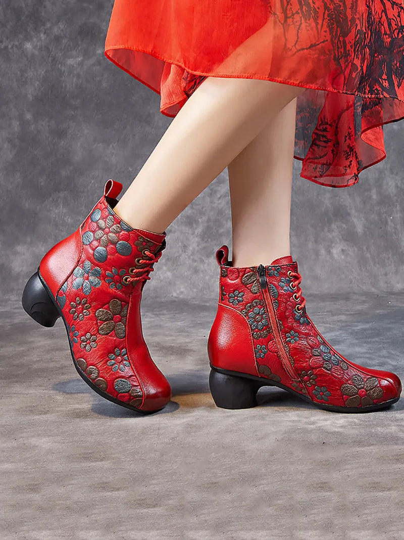 Retro Leather Flower Print Chunky Heel Boots