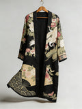 Comstylish Japanese Cranes & Fan Floral Flowy Linen Long Kimono
