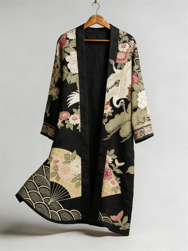 Comstylish Japanese Cranes & Fan Floral Flowy Linen Long Kimono