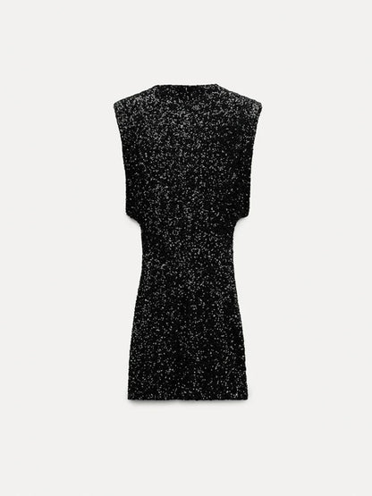 Tossy Sequin Sleeveless Mini Dress for Black Slim Patchwork Glitter Party Dress Gown ’s Dress New