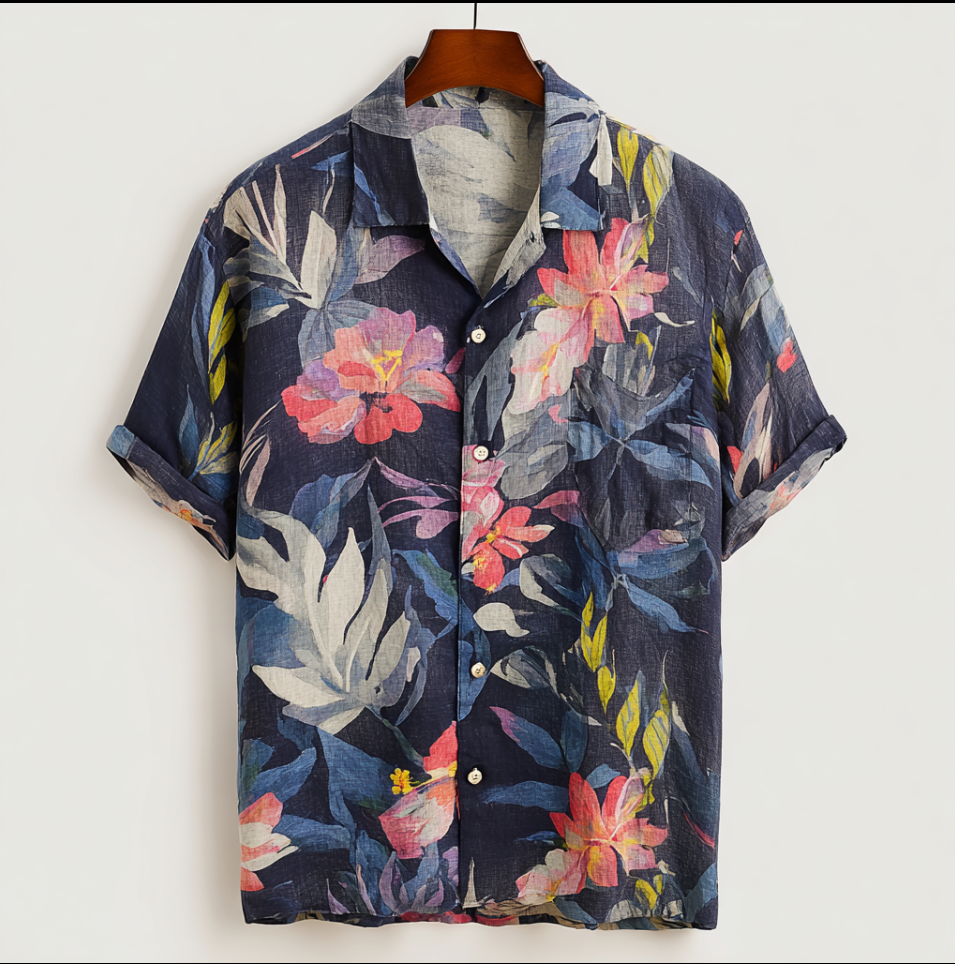 Bohemian Style Plant And Flower Pattern Men's Retro Cotton And Linen Short-sleeve Shirt elevenforest