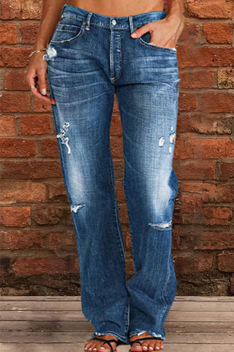 Street Patchwork Ripped Straight Denim Jeans(3 Colors)