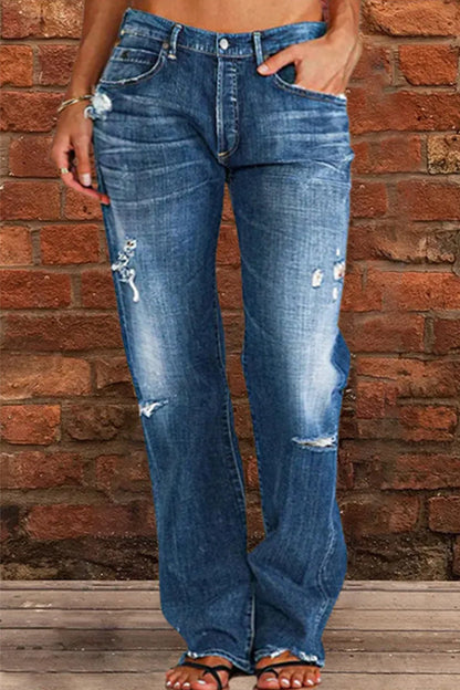 Street Patchwork Ripped Straight Denim Jeans(4 Colors)