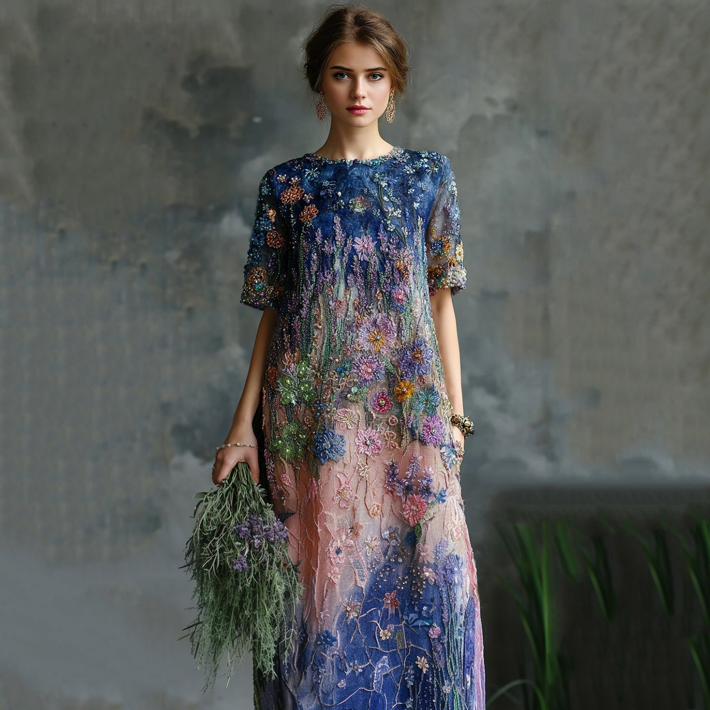 Women's Elegant Oil Painting Floral Sequined Maxi Dress elevenforest