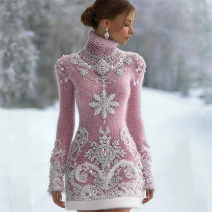 Classy Christmas Snowflakes Jewel Art Cozy Turtleneck Sweater Dress artswardrobe