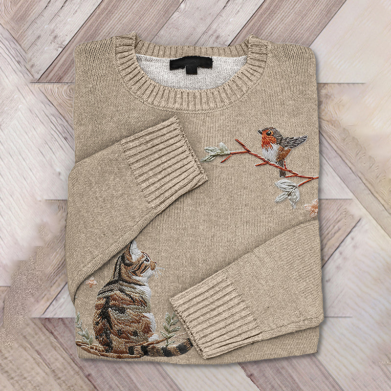 Vintage Cat And Bird Embroidered Knitted Sweater elevenforest