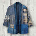 Japanese Retro Stripe Check Patchwork Art Linen Blend Kimono Cardigan elevenforest