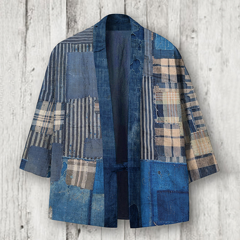 Japanese Retro Stripe Check Patchwork Art Linen Blend Kimono Cardigan elevenforest