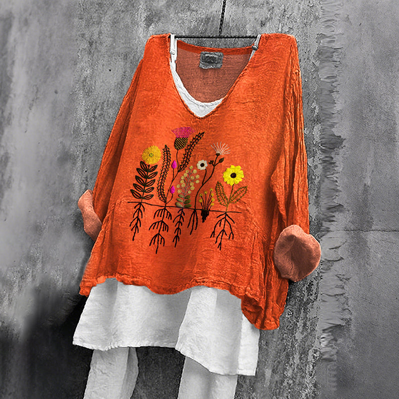 Women's Ethnic Floral Art Linen Long-sleeved Shirt elevenforest