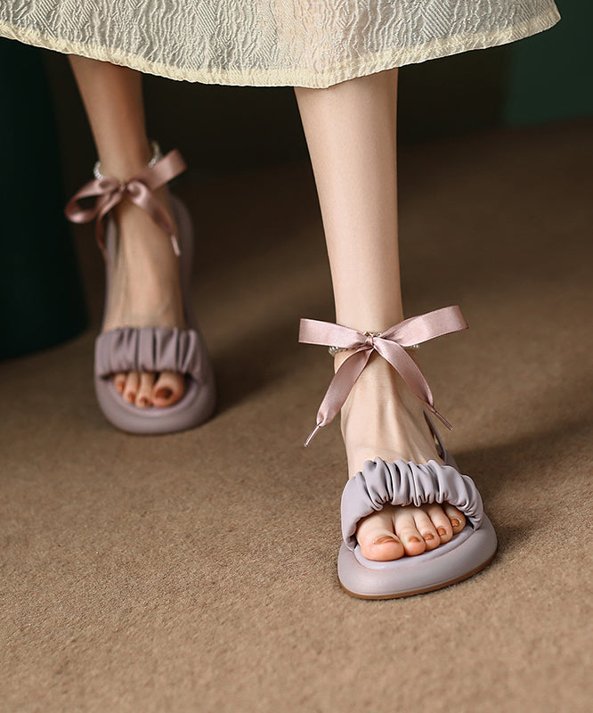 Purple Cowhide Leather Sandals Peep Toe Splicing Bow Lace Up Aa013