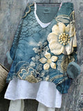 Comstylish Lace Floral Embroidery Art Linen Blend Vintage Shirt