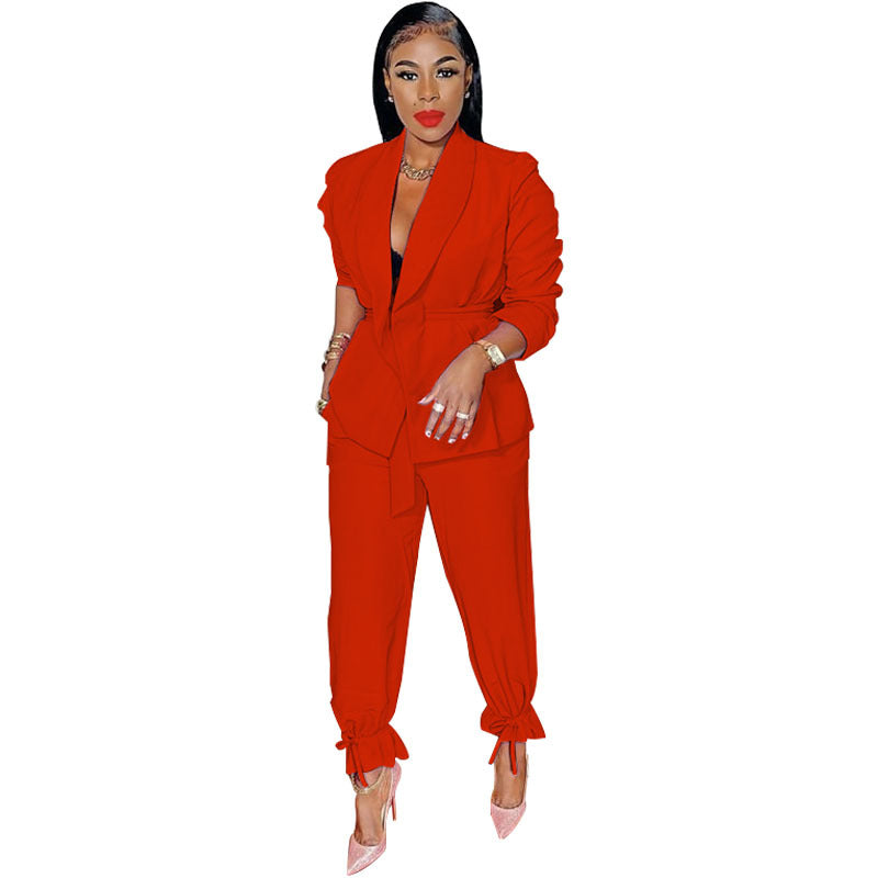 Spring Autumn Color Lace-up Long Sleeve Small Blazer Jogger Pants Suit